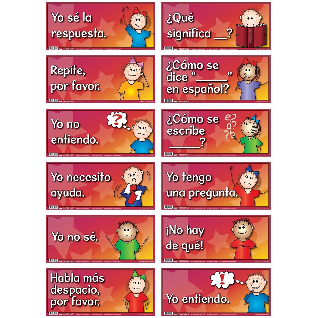 Poster Pals Spanish Educational & Language Teaching Anchor phrase Posters, colorful charts, Classroom Decoration and instruction, 12 Poster Set